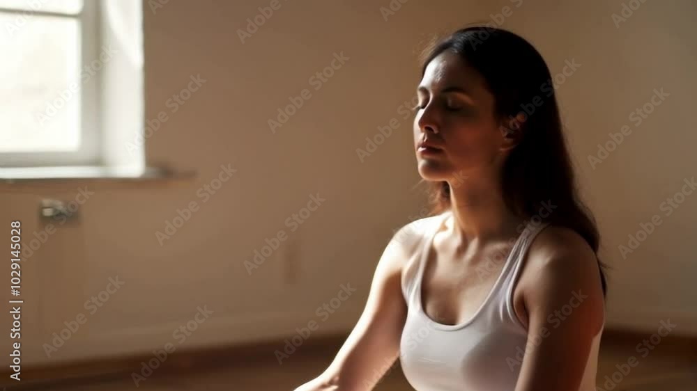 A relaxed, calm woman with elegant, yoga practice in diffused light or peaceful yoga session with elegant woman A relaxed, calm woman with elegant, yoga practice in diffused light or peaceful yoga session with elegant woman