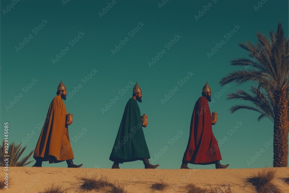 Three wise men walking with gifts under a clear sky Three wise men walking with gifts under a clear sky