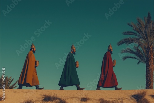 Three wise men walking with gifts under a clear sky photo