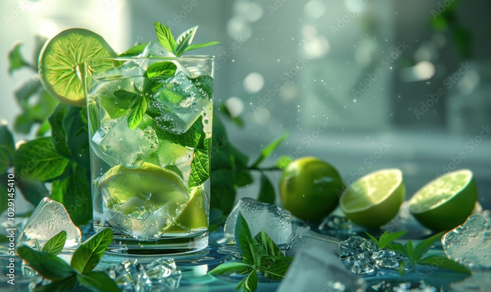 Mint mojito cocktail with lime and ice, cool and invigorating drink 4K hyperrealistic photo. Mint mojito cocktail with lime and ice, cool and invigorating drink 4K hyperrealistic photo.