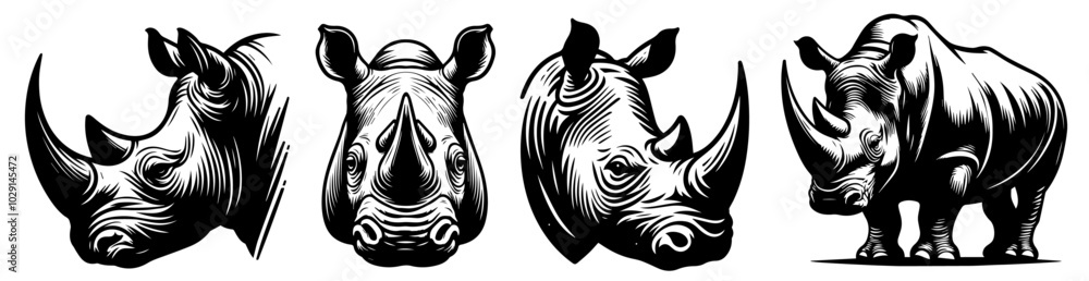 Fototapeta premium rhino art collection featuring detailed and expressive line work, black vector