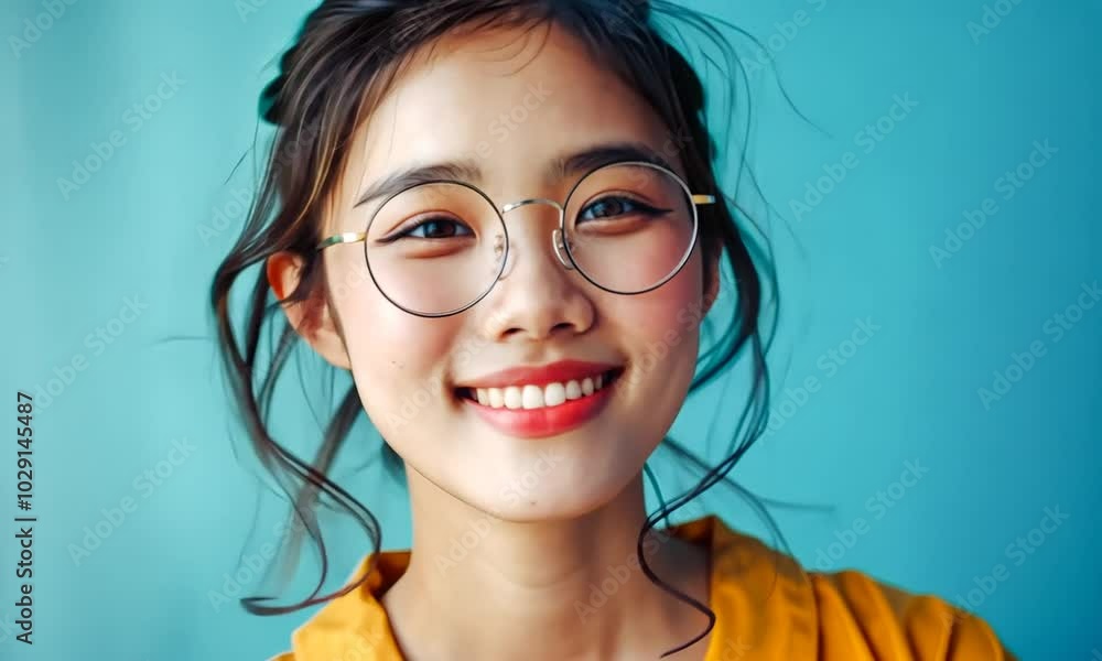 Witness the radiant joy of a young woman as she shares an infectious smile, adorned in a cheerful yellow outfit, against a bright blue background that enhances her happiness Witness the radiant joy of a young woman as she shares an infectious smile, adorned in a cheerful yellow outfit, against a bright blue background that enhances her happiness
