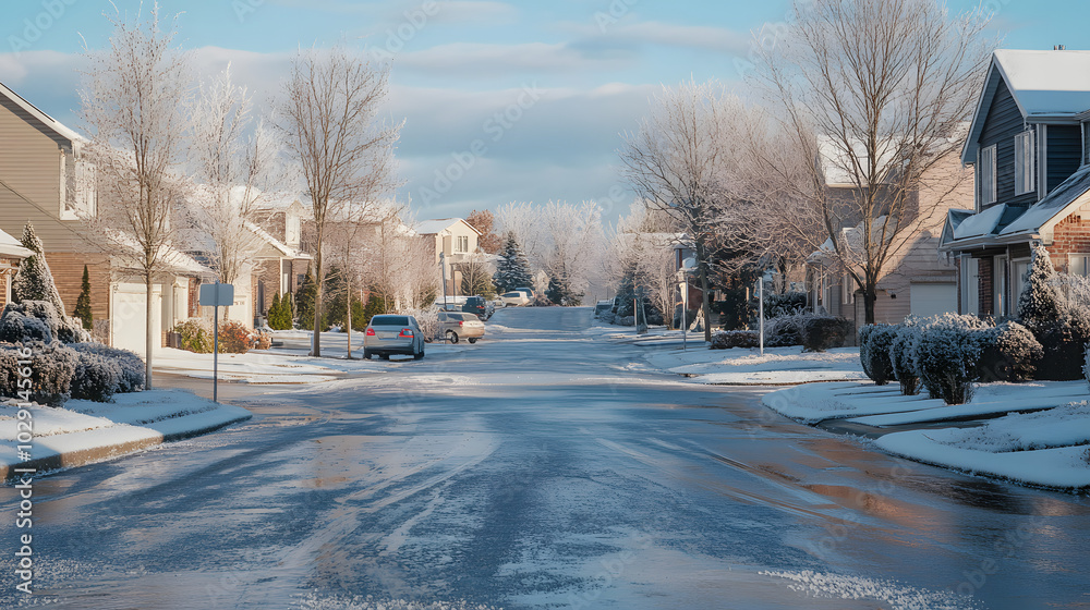 A suburban neighborhood street after freezing rain where everything is coated in a thin layer of ice. A suburban neighborhood street after freezing rain where everything is coated in a thin layer of ice.
