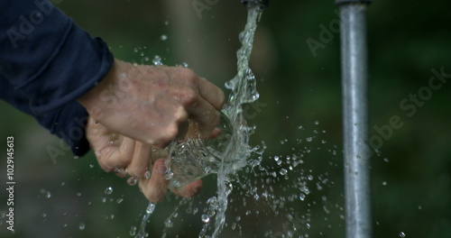 Close-up of water splashing from an outdoor tap onto a jar, slow-motion capture showing dynamic interaction and clean, refreshing hydration