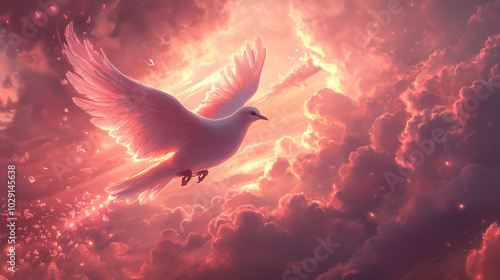 Wallpaper Mural White dove flying through glowing pink clouds at sunset Torontodigital.ca
