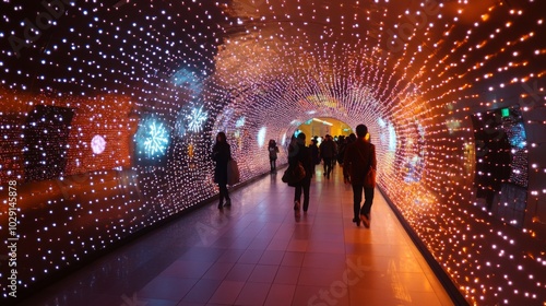 Fototapeta Naklejka Na Ścianę i Meble -  A group of people walk through a tunnel covered in small white lights. The tunnel walls are decorated with colorful lights and designs.