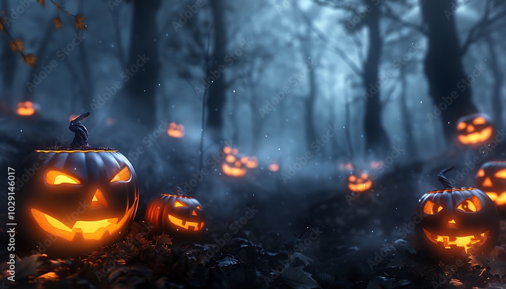 Foggy dark forest night, glowing jack o' lanterns on ground, Halloween photorealistic background. Foggy dark forest night, glowing jack o' lanterns on ground, Halloween photorealistic background.