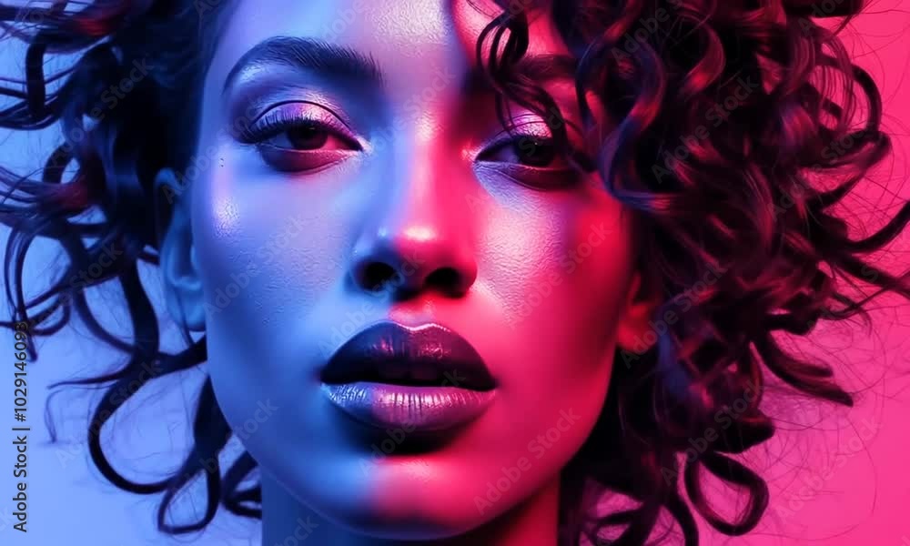 A striking close-up of a model showcasing her beautiful curls, enhanced by dynamic blue and pink lights. Her confident gaze captivates the attention of viewers A striking close-up of a model showcasing her beautiful curls, enhanced by dynamic blue and pink lights. Her confident gaze captivates the attention of viewers