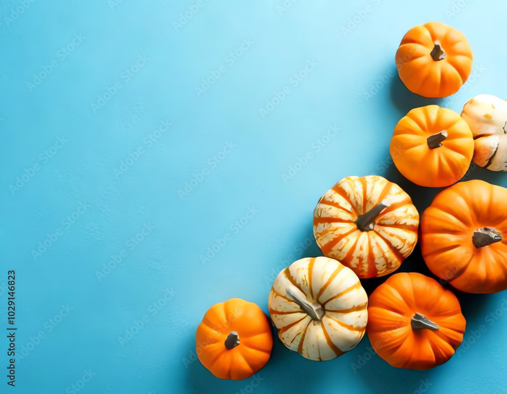 small decorative pumpkins on a light blue background with space for text small decorative pumpkins on a light blue background with space for text