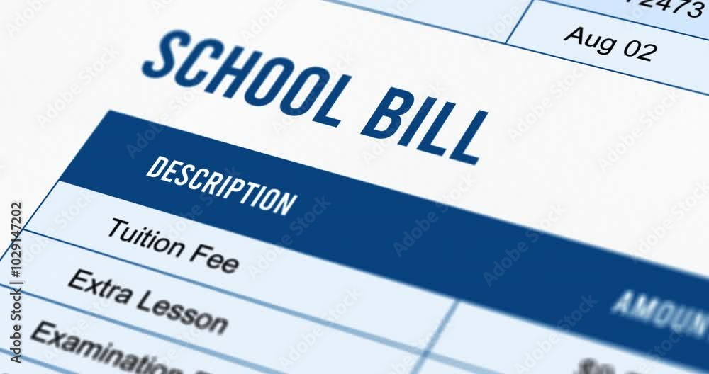 School Bill, paper college invoice, education payment statement with list of services, camera movement over paper form, footage School Bill, paper college invoice, education payment statement with list of services, camera movement over paper form, footage