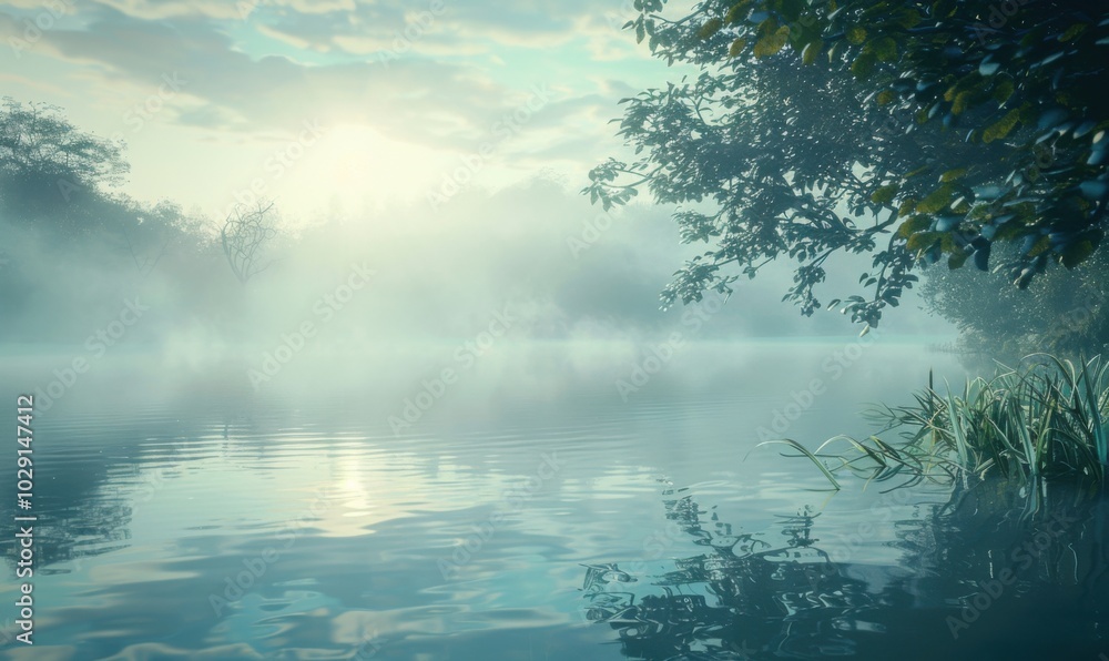 Misty morning over a tranquil lake with mist rising from the water, 4K hyperrealistic photo Misty morning over a tranquil lake with mist rising from the water, 4K hyperrealistic photo
