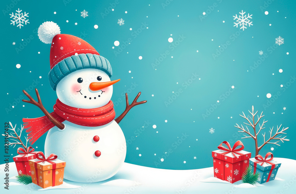 Cheerful snowman with gifts on a winter background. Place for text. Illustration. Cheerful snowman with gifts on a winter background. Place for text. Illustration.