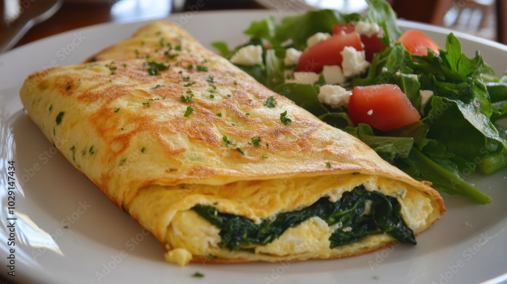 Whole grain wrap stuffed with a Greek omelette, rich in spinach and feta, presented alongside a fresh green salad Whole grain wrap stuffed with a Greek omelette, rich in spinach and feta, presented alongside a fresh green salad