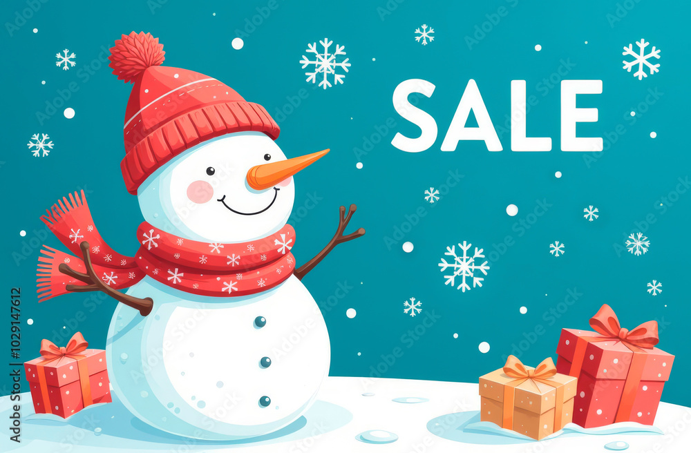 Funny snowman with gifts on winter background. Text Sale. Illustration Funny snowman with gifts on winter background. Text Sale. Illustration