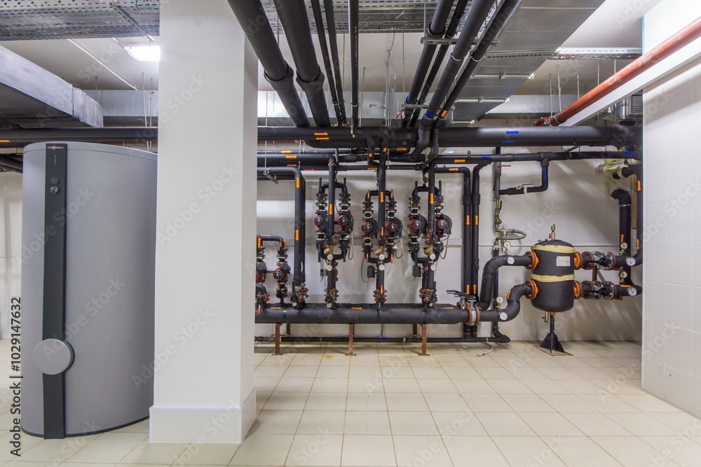 Foto de Industrial piping and control systems in a modern building ...
