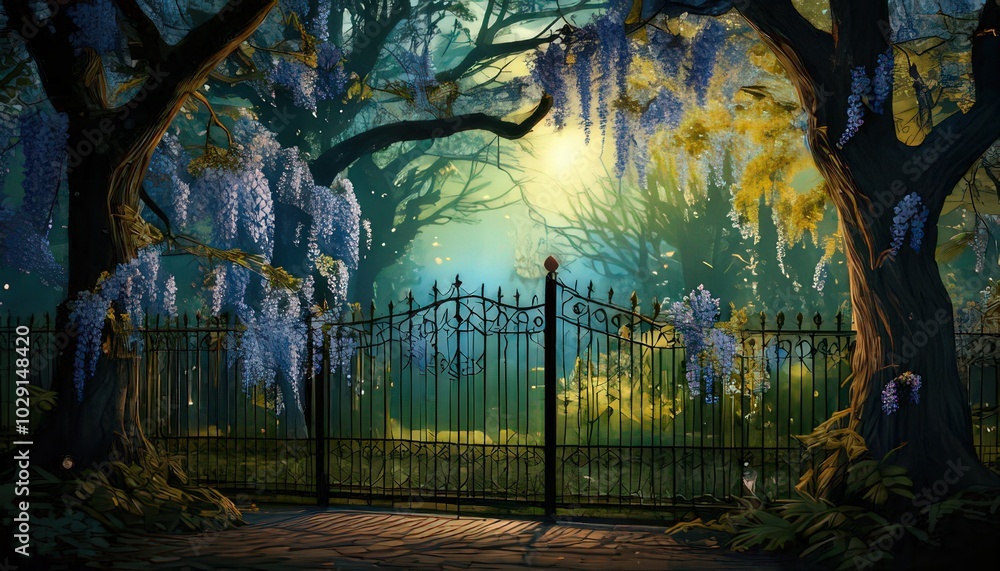 Obraz premium Enchanted Iron Fence in a Mystical Forest Setting