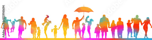 Family colored parents and kids outdoor activities in park silhouettes . People seniors adults teens kids having fun playing together outside silhouette. hand drawn. Not AI, Vector illustration