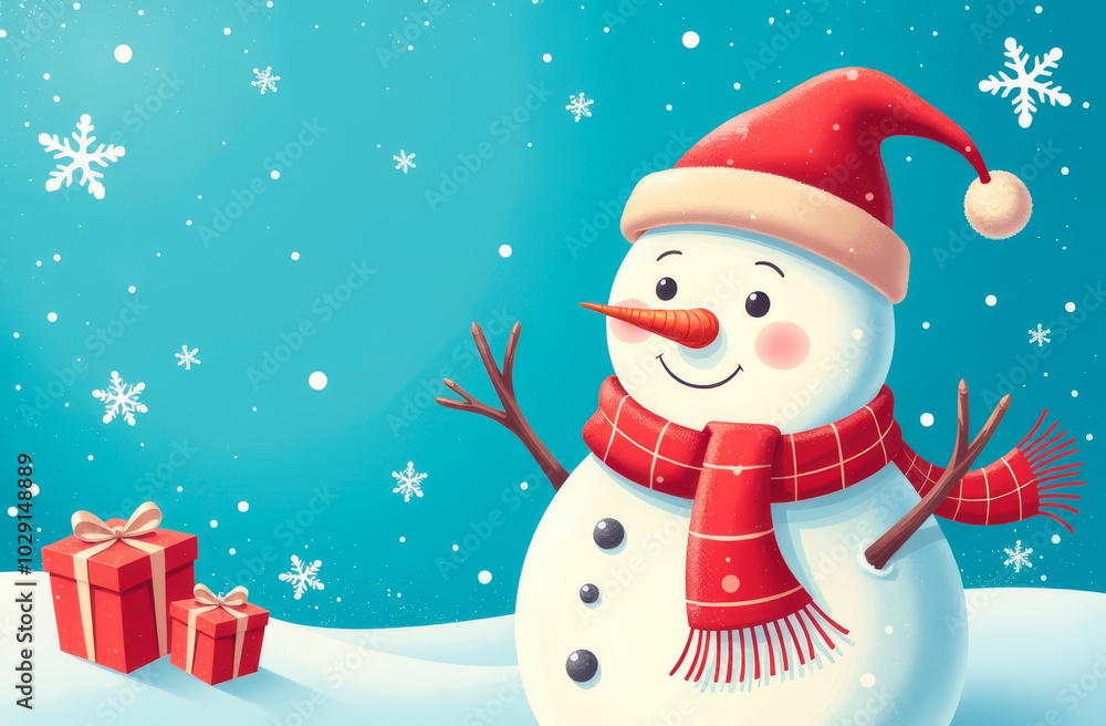 Cheerful snowman with gifts on a winter background. Place for text. Illustration Cheerful snowman with gifts on a winter background. Place for text. Illustration