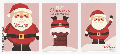 Cute set of Christmas greeting cards, postcards, invitations with Santa Claus on pink background, vector illustration photo