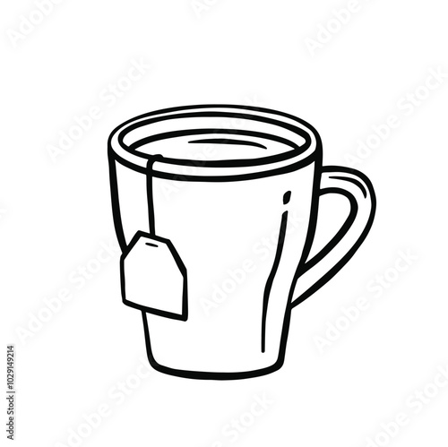 Tea cup with tea bag linear colorless. Vector illustration