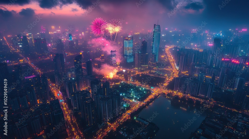 Nighttime Cityscape with Fireworks Display Nighttime Cityscape with Fireworks Display