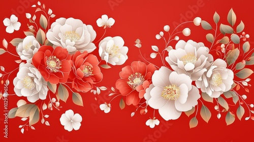 Wallpaper Mural A sophisticated Chinese New Year pattern with gold peony flowers delicately outlined on a ruby red background, ideal for festive branding and advertising. Torontodigital.ca