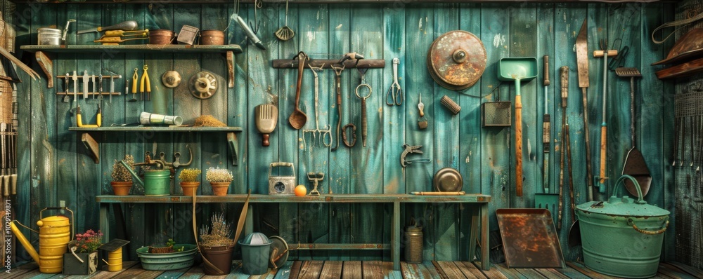 Garden tools in the shed, 4K hyperrealistic photo Garden tools in the shed, 4K hyperrealistic photo