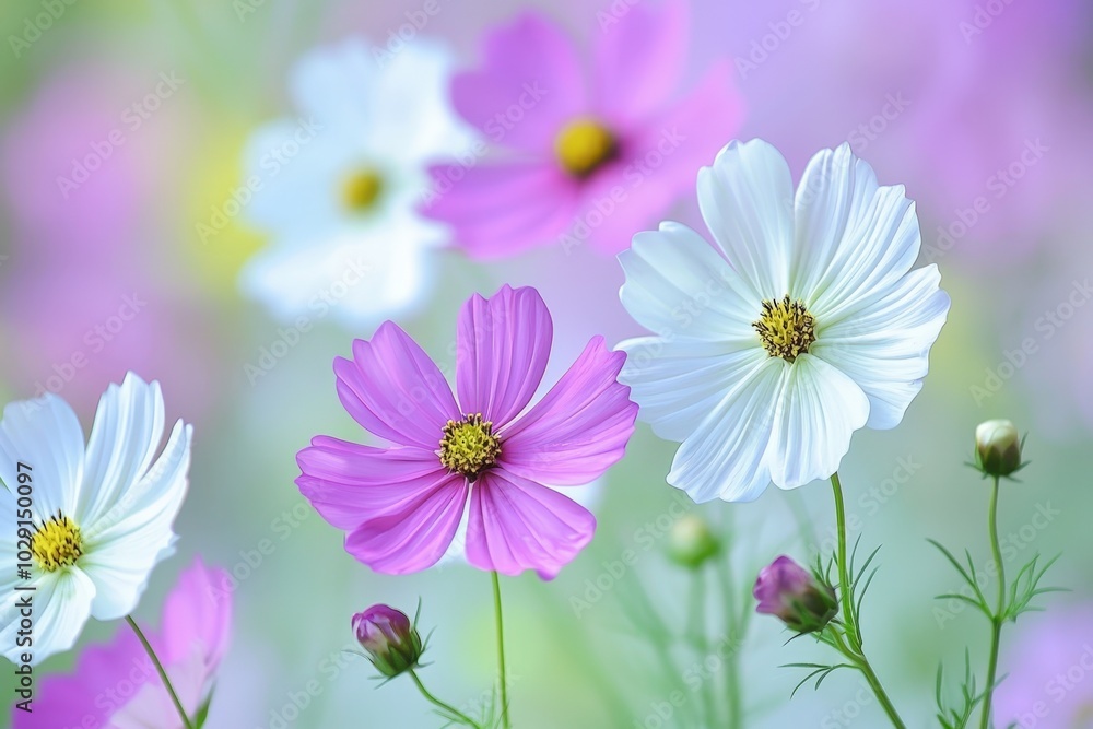 Vibrant blooms of pink and white cosmos flower in a serene garden during springtime Vibrant blooms of pink and white cosmos flower in a serene garden during springtime