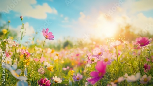 A vibrant spring meadow filled with colorful wildflowers under a clear blue sky during sunset