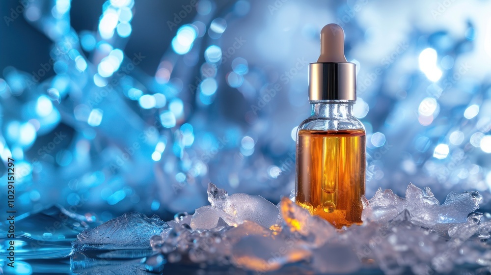 Glass bottle of natural facial essence, face serum, natural wellness cosmetics on ice background Glass bottle of natural facial essence, face serum, natural wellness cosmetics on ice background