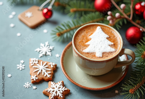 Christmas background, gingerbread cookies coffee cup spruce branches snow balls, top view