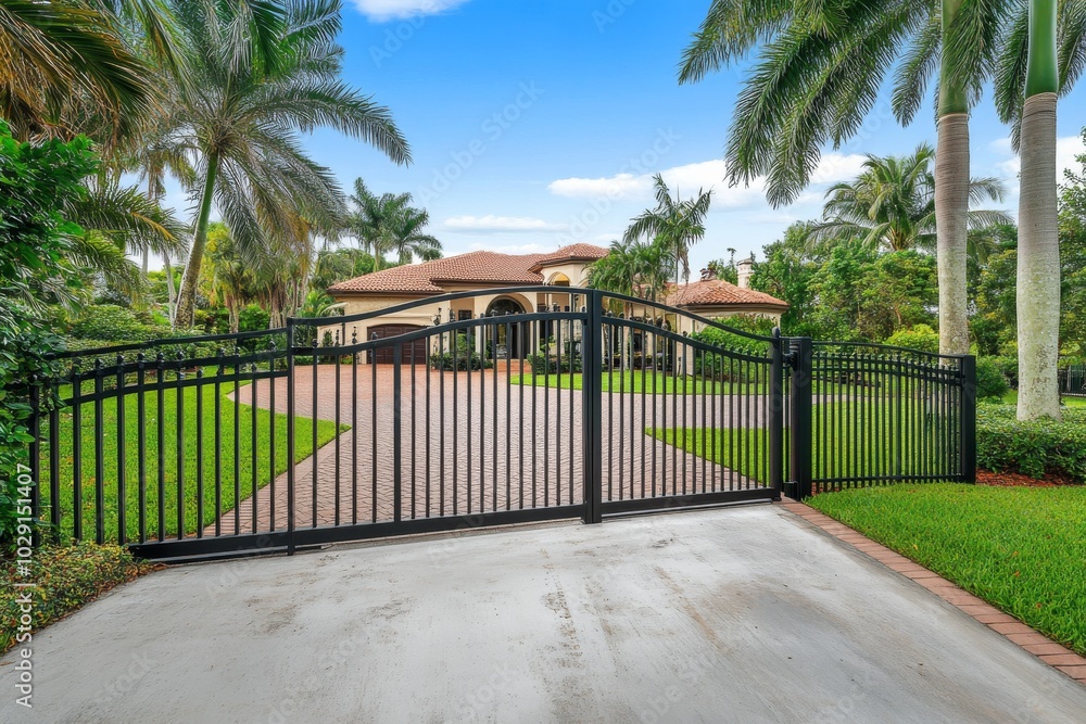 Fototapeta premium A black aluminum guardrail fence with an arched gate at the entrance to a home.