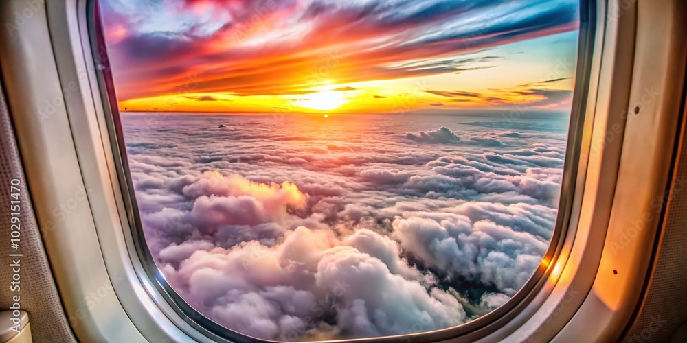 Serene Airplane Window View with Vibrant Sunset Clouds Serene Airplane Window View with Vibrant Sunset Clouds
