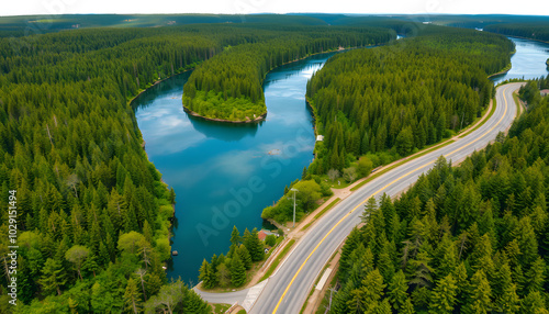 Aerial view the river and the road, Road with green forest tree wood and blue lake water river, Road through green forest tree wood and river isolated with white highlights, png