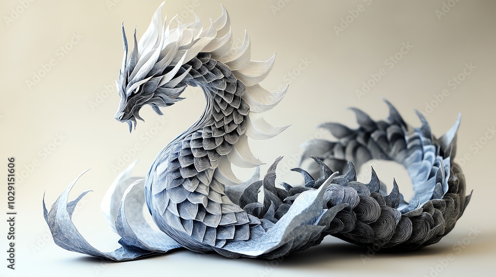 Fototapeta premium Detailed paper cut origami dragon with intricate scales and flowing curves, ideal for fantasy decor, paper cut dragon, origami fantasy design
