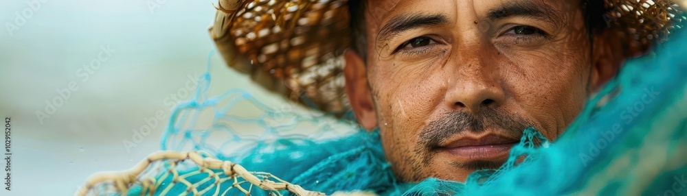 Obraz premium Man with fishing net, white background, outdoor hobby