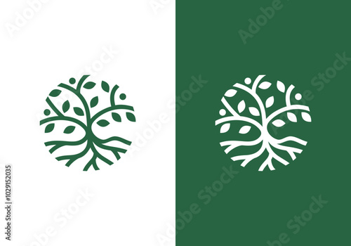 nature logo vector design template line art tree and human or person inside circle, abstract tree logo symbol inside circle