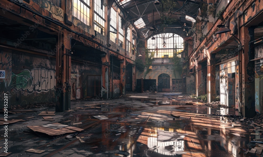 Ghostly ruins of a once-thriving industrial hub, 4K hyperrealistic photo Ghostly ruins of a once-thriving industrial hub, 4K hyperrealistic photo