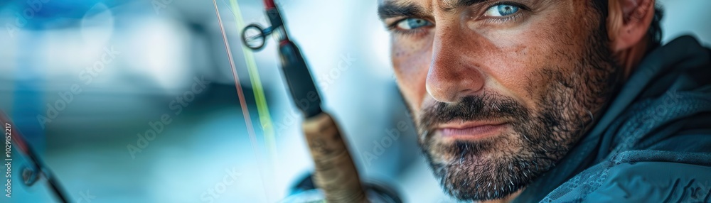 Fototapeta premium Man with fishing reel, white background, angling equipment