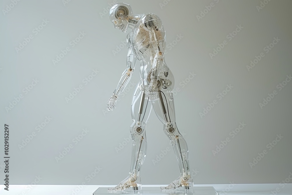 A 3D crystal robot with transparent surfaces stands on a white background, its sharp angles reflecting light. A 3D crystal robot with transparent surfaces stands on a white background, its sharp angles reflecting light.