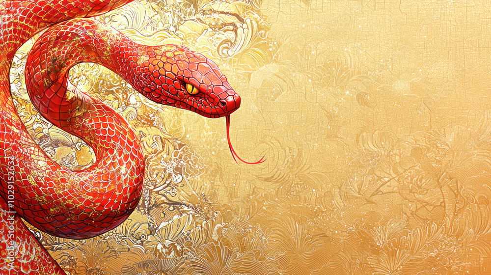 Obraz premium Red snake with floral accents on an ornate golden background, representing elegance and symbolism for Chinese New Year themes.