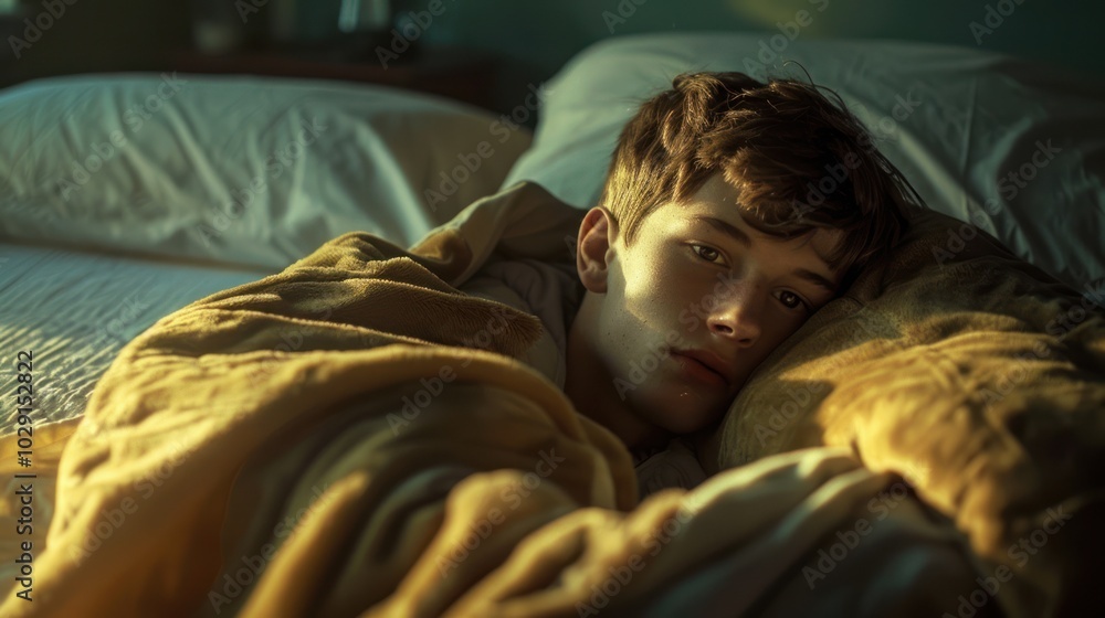 A Young Man Resting His Head on a Pillow in Bed A Young Man Resting His Head on a Pillow in Bed