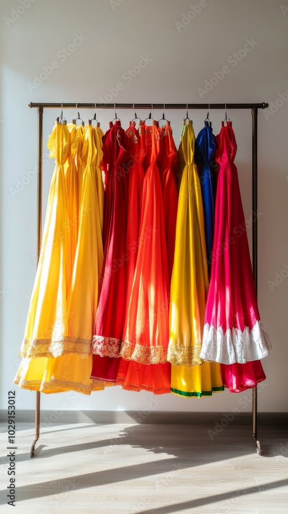 An empty scene featuring traditional Karnataka folk dance performers’ costumes elegantly displayed on a clothes rack, with the state flag colors visible, An empty scene featuring traditional Karnataka folk dance performers’ costumes elegantly displayed on a clothes rack, with the state flag colors visible,