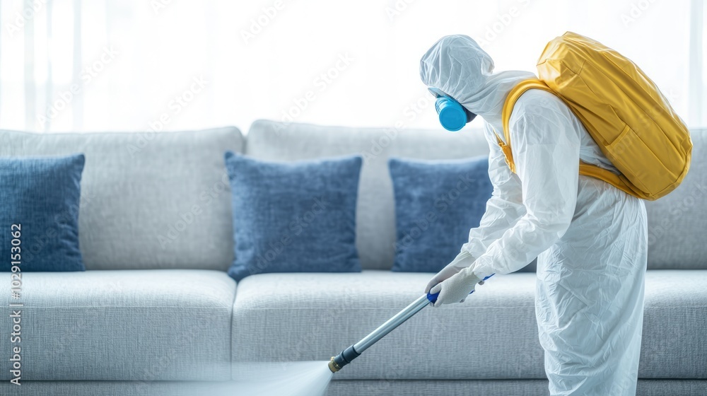 A worker in protective gear sanitizes a living room sofa with a spray, promoting cleanliness and safety in indoor environments. A worker in protective gear sanitizes a living room sofa with a spray, promoting cleanliness and safety in indoor environments.