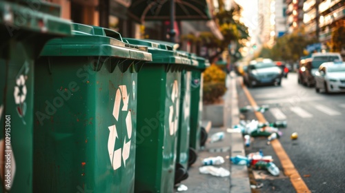 Green recycling bins with recycling sign on city street. Sorting rubbish, concept of care for environment. Waste segregation