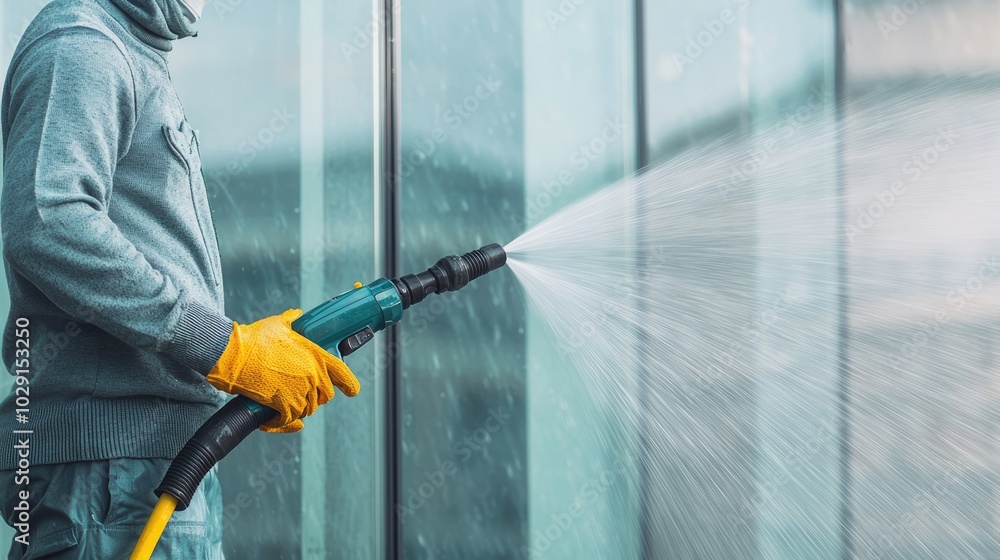 A worker cleans glass surfaces with a high-pressure washer, wearing protective gloves, showcasing a professional cleaning process. A worker cleans glass surfaces with a high-pressure washer, wearing protective gloves, showcasing a professional cleaning process.