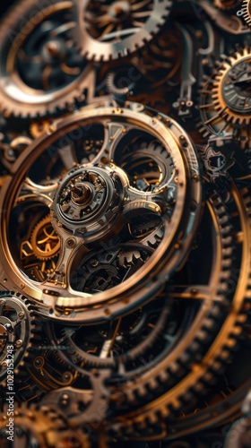 Intricate clockwork gears in a steampunk device, 4K hyperrealistic photo.