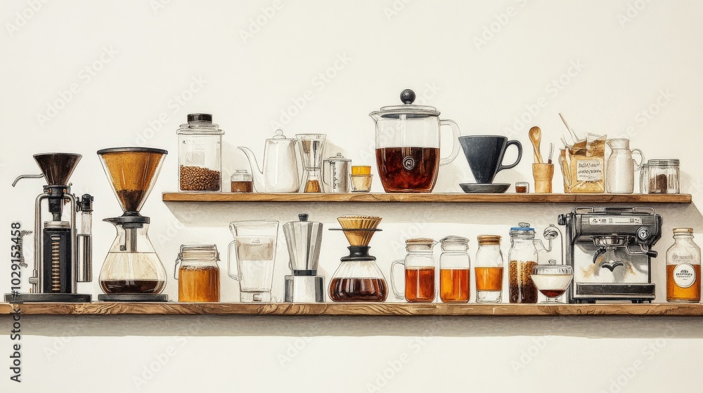 An artistic arrangement of different brewing methods, including pour-over, French press, and espresso machines, highlighting the diversity in coffee preparation. An artistic arrangement of different brewing methods, including pour-over, French press, and espresso machines, highlighting the diversity in coffee preparation.