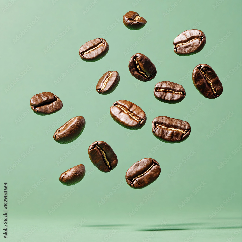 Floating coffee beans on a pastel green background Floating coffee beans on a pastel green background