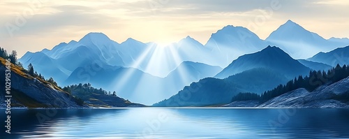 mountains over the lake with rays of the sun landscape, Generative Ai